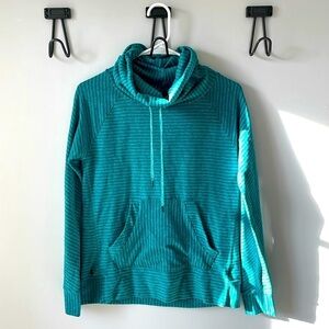 Outdoor Research, Small, teal green striped cowl neck sweatshirt w/ pouch pocket